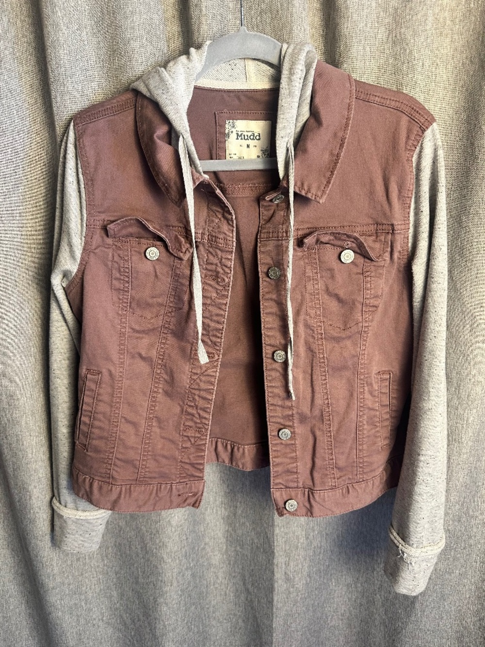 Mudd Mauve Pink Twill Denim Hooded Jacket Knit Sleeve Medium